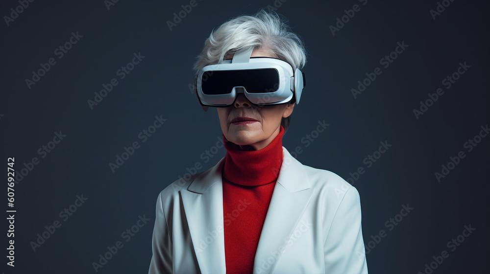 Generative AI senior woman using 3d goggles, exploring immersive metaverse Generative AI senior woman using 3d goggles, exploring immersive metaverse