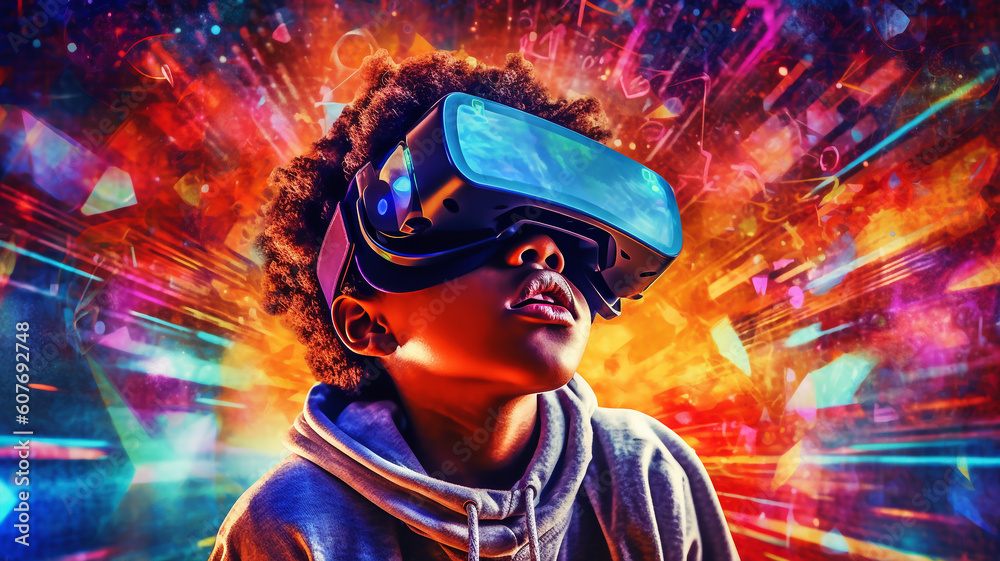 Generative AI young boy using 3d goggles, exploring immersive metaverse