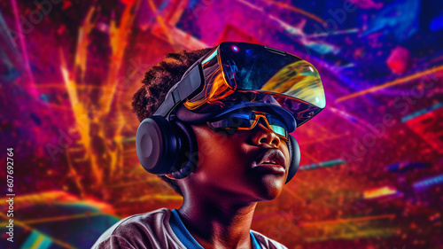 Generative AI young boy using 3d goggles, exploring immersive metaverse