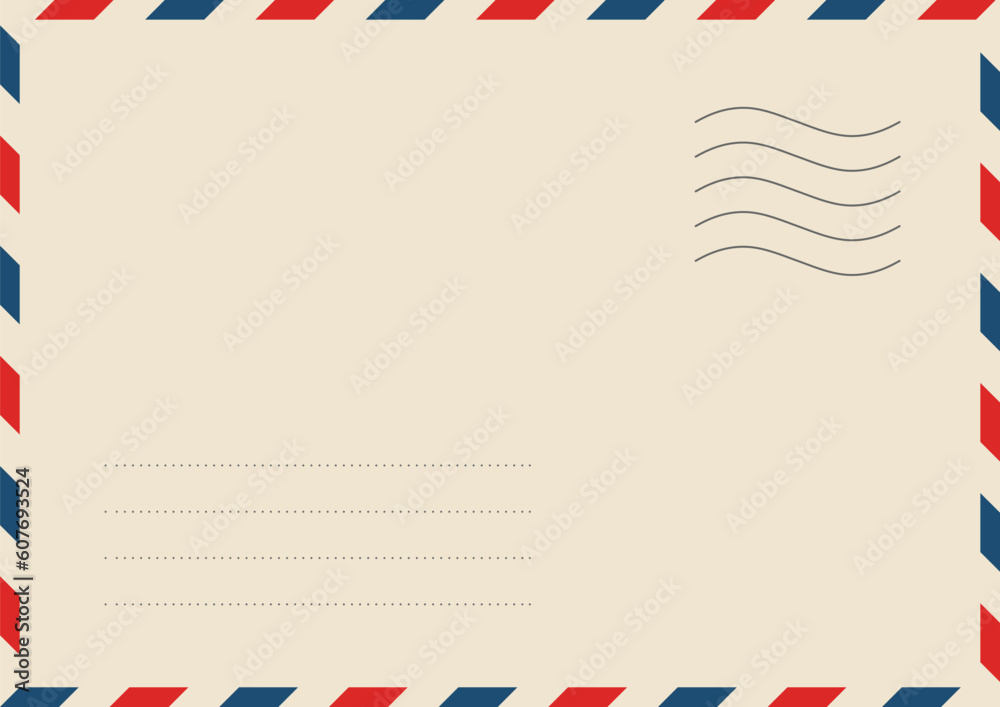Airmail envelope frame with postage stamps. Vintage air mail postcard back template with diagonal blue and red stripes. Travel post card backside. Vector illustration isolated on paper background.