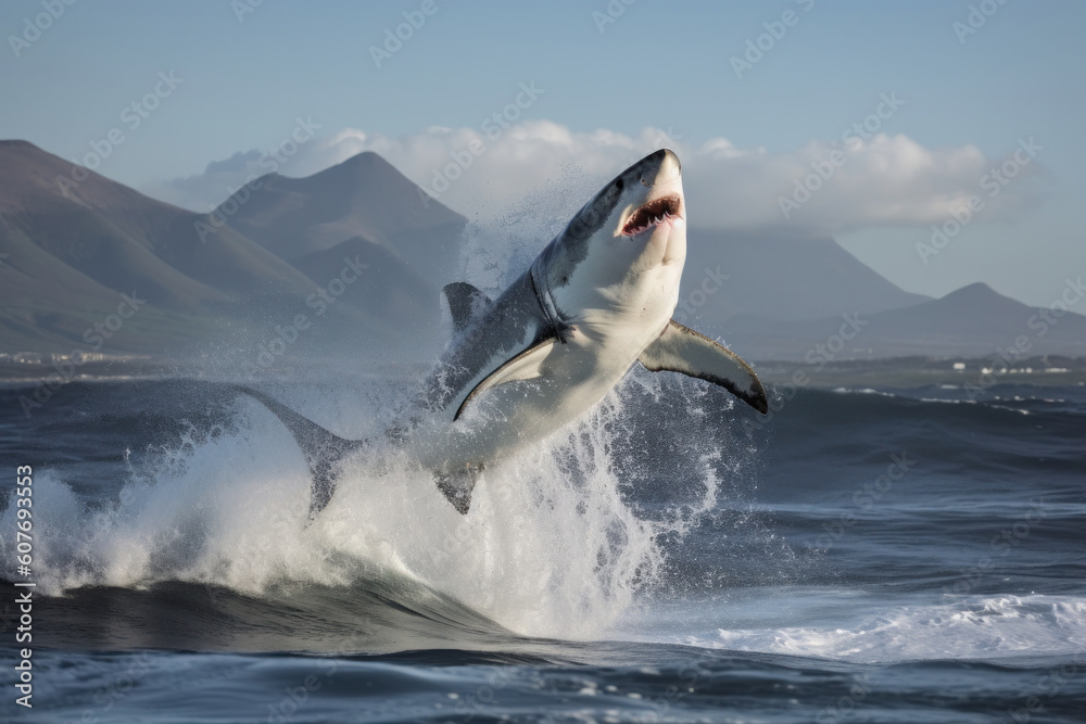 Fototapeta premium A shark jumps out of the water, its powerful jaws ready to attack. This image in sepia tone captures the danger and excitement of underwater life. AI Generative.