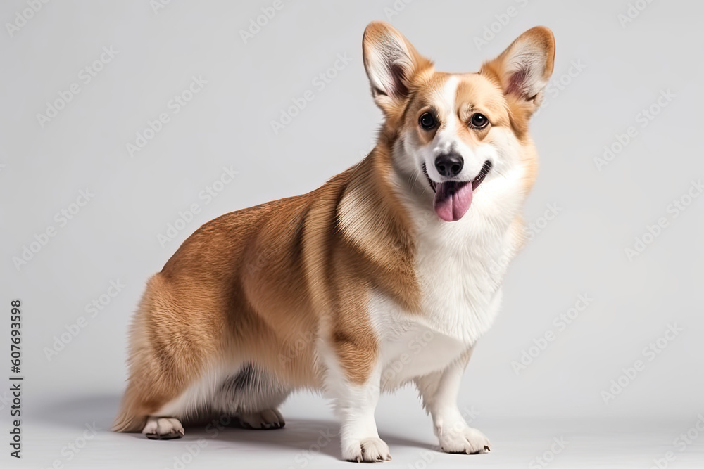 Full body of Smiling Corgi dog with open mouth with pink tongue isolated on White background. Generated Ai. Full body of Smiling Corgi dog with open mouth with pink tongue isolated on White background. Generated Ai.