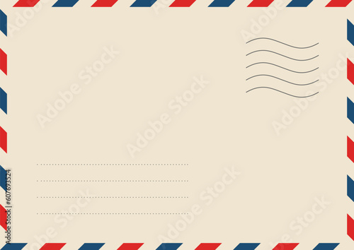 Airmail envelope frame with postage stamps. Vintage air mail postcard back template with diagonal blue and red stripes. Travel post card backside. Vector illustration isolated on paper background.