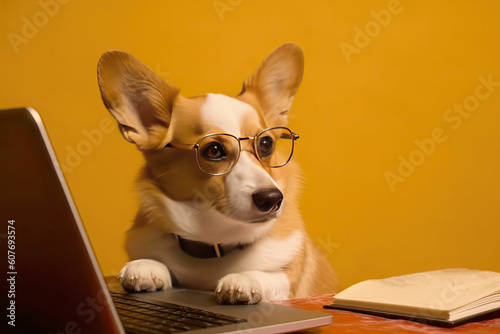 Cute Corgi dog looking at laptop with glasses on yellowe background. Burnout at work. Generated Ai