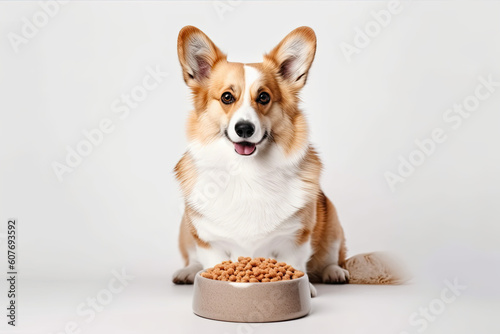 Satisfied Happy Welsh Corgi dog with open mouth and pink tongue sitting near the bowl isolated on white background. Pets food. Generated Ai