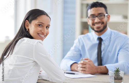 Meeting, office and portrait of business people for interview, job vacancy and career opportunity. Corporate boss, recruitment and happy man and woman for hiring with resume, contract or CV documents