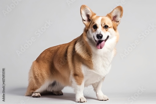 Full body of Smiling Corgi dog with open mouth with pink tongue isolated on White background. Generated Ai.