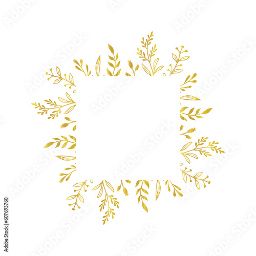 Gold floral square border. Vector golden floral leaf wreath border. Wedding square frame design. Hand drawn rustic flourish elegant rectangle frame. Vector illustration