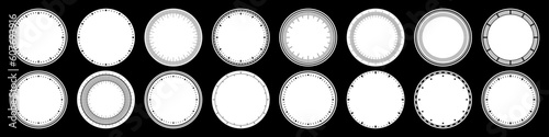 Mechanical clock faces, bezel. Watch dial with minute and hour marks. Timer or stopwatch element. Blank measuring circle scale with divisions. Vector illustration.