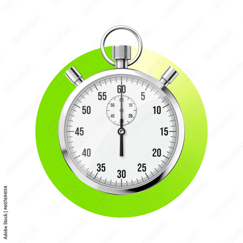 Realistic classic stopwatch. Shiny metal chronometer, time counter with dial. Green countdown timer showing minutes and seconds. Time measurement for sport, start and finish. Vector illustration Realistic classic stopwatch. Shiny metal chronometer, time counter with dial. Green countdown timer showing minutes and seconds. Time measurement for sport, start and finish. Vector illustration