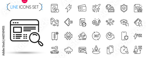 Pack of Hold box, Engineering and Card line icons. Include 360 degrees, Augmented reality, Website search pictogram icons. Power, Phone protect, Left arrow signs. Scroll down. Vector