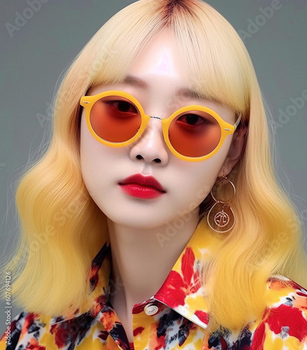 Summer portrait of young beautiful woman with fashionable sunglasses, time for stylish outfits and sunbathing on beach and tropical destinations. Generative AI, illustration.