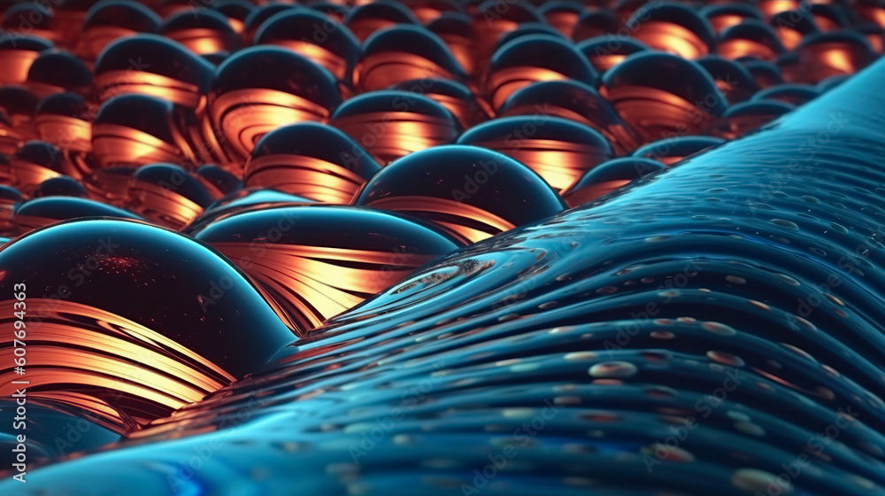 Fototapeta premium Futuristic 3D Abstract Horizontal Organic Background. Surrealistic Future Design, Geometric Flow, Tech-Inspired Dynamic Texture, Contemporary Artistic Motion. Generative AI