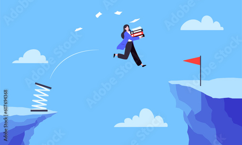 Businesswoman jumps over the abyss across the cliff flat style design vector illustration. Business concept of fearless businesswoman with courage. Risk, goal achievement, work obstacles and success.