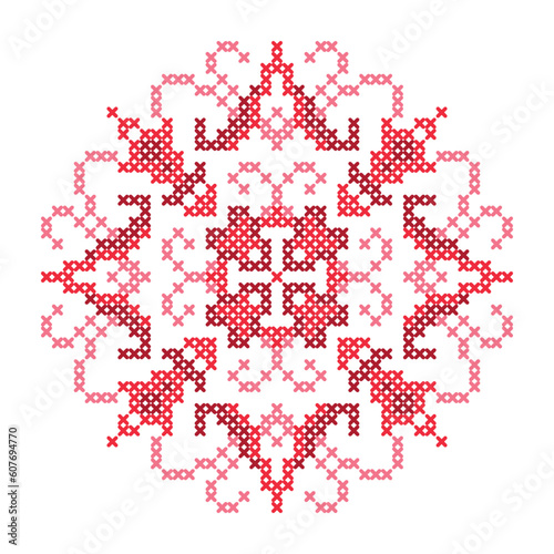 Vector Pattern of Red Cross-Stitched Snowflake Ornament — Nordic Folk Design for Textiles, Wrapping Paper & Holiday Decor 