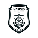 Marine Vintage Logo Black And White, Anchor And  Ship Wheel Vector