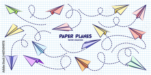 Hand drawn planes on checkered paper sheet. School notebook for drawing. Doodle airplane, dotted route line. Aircraft icon, simple colorful plane silhouettes. Outline, line art. Vector illustration