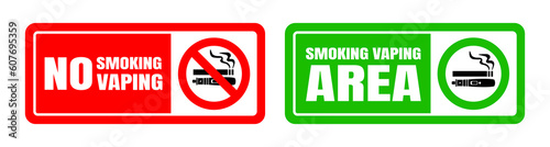 No smoking no vaping and smoking area sign set. Forbidden sign icon isolated on white background vector illustration. Cigarette, vape in prohibition circle and green allowed area.