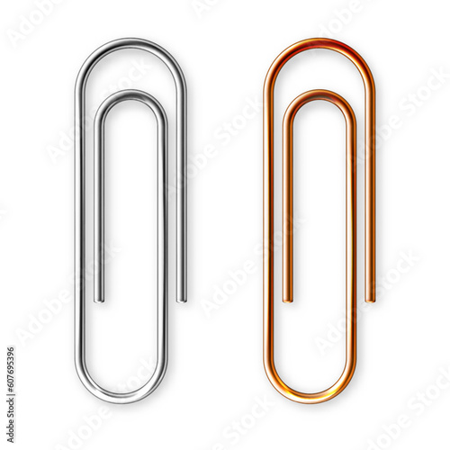 Realistic copper and steel paperclips attached to paper isolated on white background. Shiny metal paper clip, page holder, binder. Workplace office supplies. Vector illustration