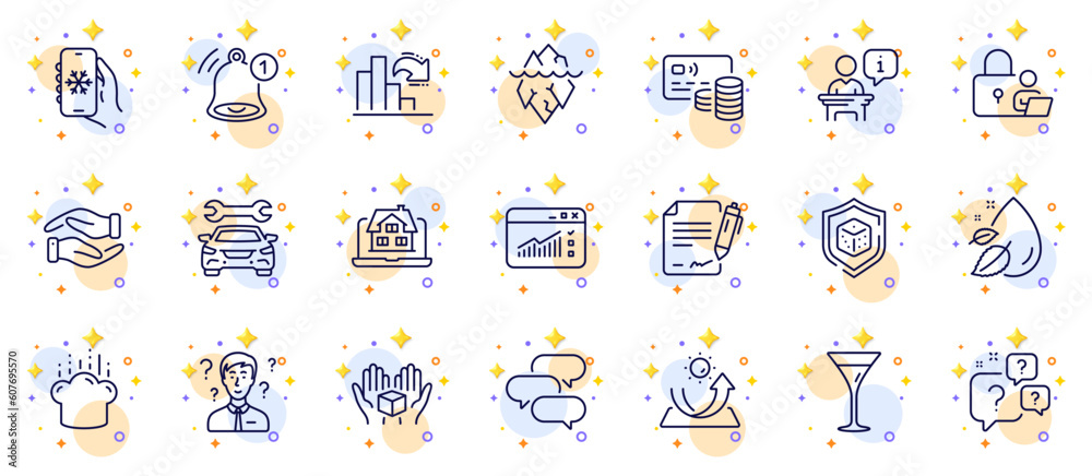 Outline set of Dice, Cooking hat and Sun protection line icons for web app. Include Helping hand, Decreasing graph, Support consultant pictogram icons. Lock, Card, Reminder signs. Vector Outline set of Dice, Cooking hat and Sun protection line icons for web app. Include Helping hand, Decreasing graph, Support consultant pictogram icons. Lock, Card, Reminder signs. Vector