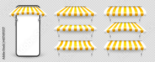 Smartphone with shop sunshade and metal mount, online internet shopping. Realistic yellow striped cafe awning. Outdoor market tent. Roof canopy. Summer street store. Vector illustration