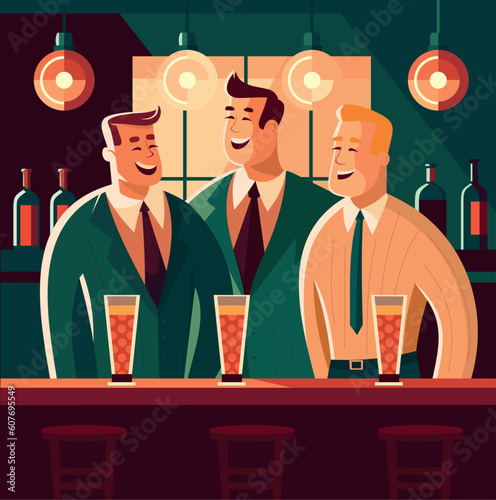 Friends spending time together drinking booze in bar. Meeting of three men with alcohol drinks like beer. People sit in pub and talk about life. Cafe interior with decor.