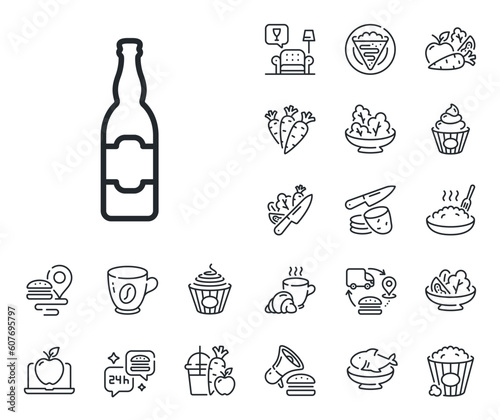Pub Craft beer sign. Crepe, sweet popcorn and salad outline icons. Beer bottle line icon. Brewery beverage symbol. Beer bottle line sign. Pasta spaghetti, fresh juice icon. Supply chain. Vector