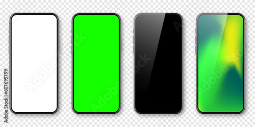 Smartphone with blank touch screen and abstract colorful wallpaper, green chroma key background. Frameless mobile phone in front view. High quality detailed device mockup. Vector illustration