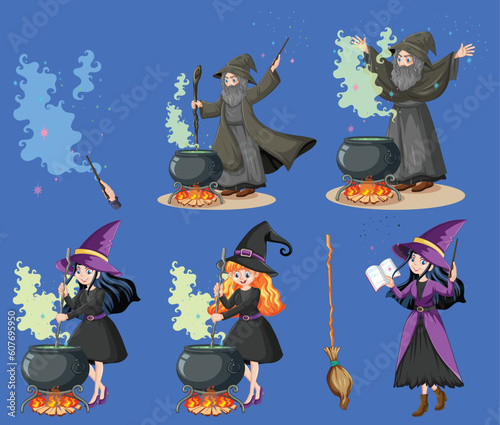 Set of wizard or witches with magic tools cartoon style isolated by the greatest graphics