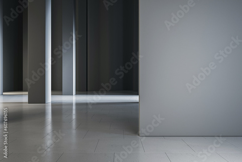 Front view on blank grey partition with space for advertising poster or campaign text in abstract industrial hall with concrete lighting pillars on glossy ceramic tile floor. 3D rendering  mockup