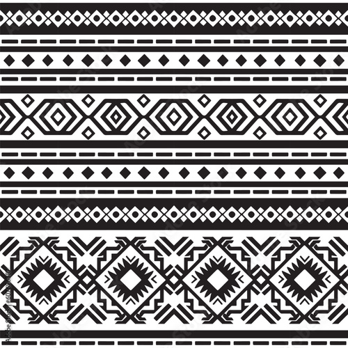 seamless pattern with black and white borders, in ethnic style, folk-inspired motifs