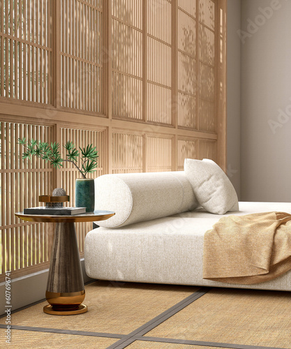 Gold brown steel round side table by modern white fabric bolster cushion back sofa in sunlight from wooden shoji window, Japanese tatami mat. Asian interior design decoration, product background 3D
