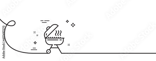 Grill line icon. Continuous one line with curl. Barbecue cooker for cooking food sign. Hot meat brazier symbol. Grill single outline ribbon. Loop curve pattern. Vector