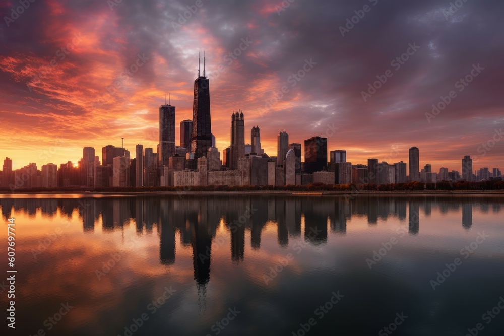 Obraz premium Skyline city sunset lake. Generate Ai