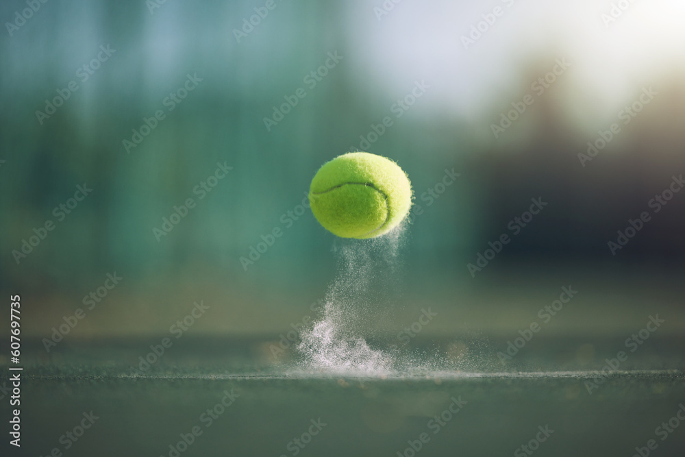Sports, tennis and a ball bouncing on a court outdoor during a game, competition or training with chalk. Fitness, exercise and club with still life sport equipment outside for a workout or match