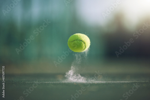 Sports, tennis and a ball bouncing on a court outdoor during a game, competition or training with chalk. Fitness, exercise and club with still life sport equipment outside for a workout or match
