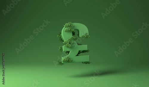 Pound sign covered with green plants against green background photo