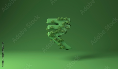 Rupia sign covered with green plants against green background