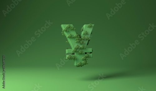 Yen or Yuan sign covered with green plants against green background