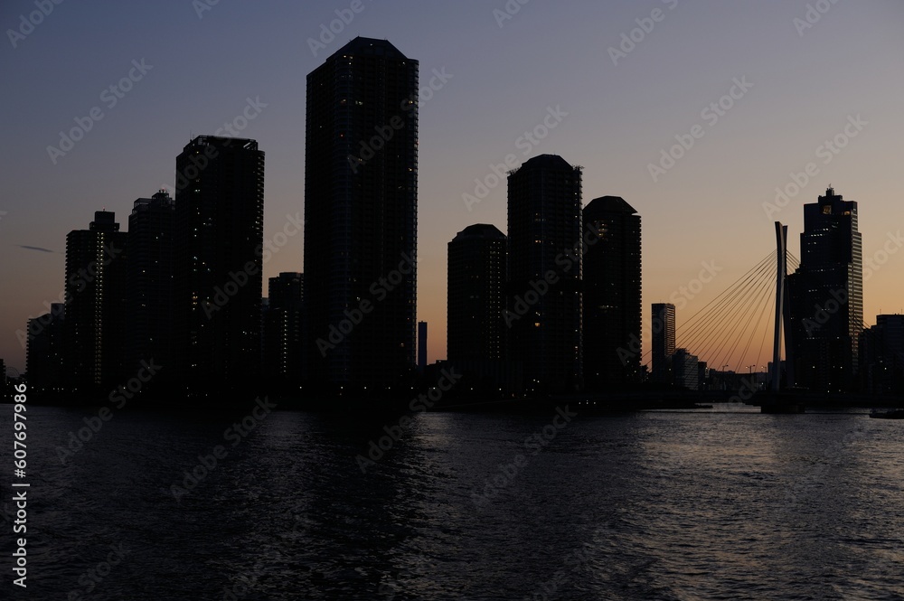 Sunset view of the city of Tokyo with a bridge, skyscrapers and office buildings and Sumida river near Tokyo Bay, Japan
