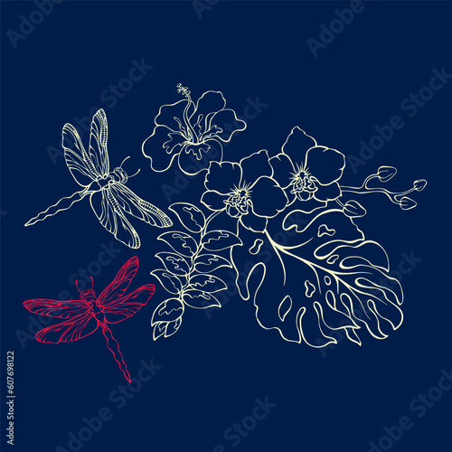 Botanical pattern with tropical flowers and dragonflies. Floral vector illustration.