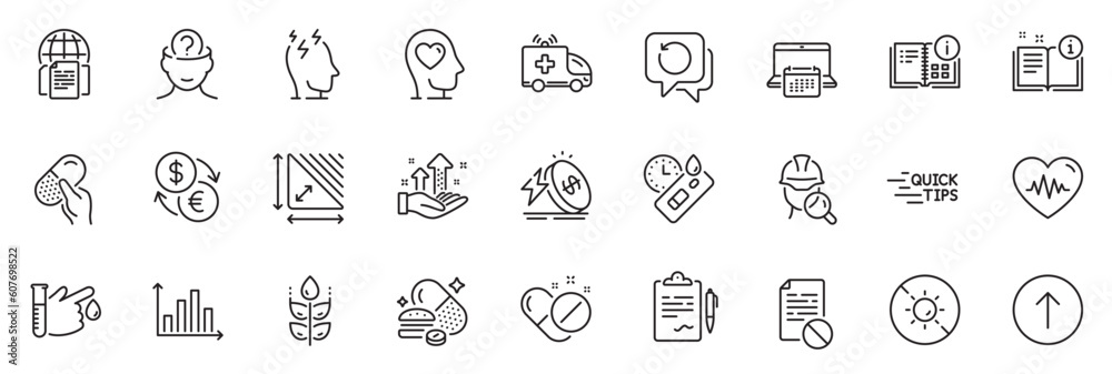 Icons pack as Energy price, Inspect and Analysis graph line icons for app include Manual, Capsule pill, Heartbeat outline thin icon web set. Psychology, Overeating pills. Vector