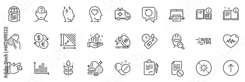 Icons pack as Energy price, Inspect and Analysis graph line icons for app include Manual, Capsule pill, Heartbeat outline thin icon web set. Psychology, Overeating pills. Vector