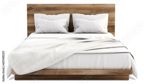 Front view of a wood bed with white sheets 3D illustration. Generative AI. photo