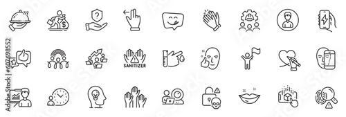 Icons pack as Fingerprint, Person and Leadership line icons for app include Clapping hands, Inclusion, Yummy smile outline thin icon web set. Social care, Protection shield, Salary pictogram. Vector