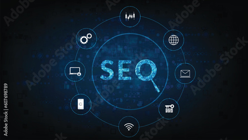 (SEO) Search Engine Optimization. Internet technology for business company. Search engine optimization (SEO) concept on dark blue background.