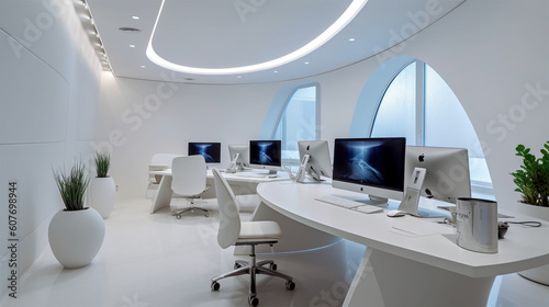 large open area with large windows and lots of work desks, in the style of white, photorealistic representation, new york city subject matter, vray, aluminum © Miracle