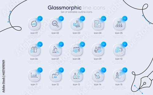 Set of Online auction, Graph and Mortgage line icons for web app. Electricity price, Card, Wallet money icons. Bitcoin project, Update data, Data analysis signs. Sale gift, Wallet, Bribe. Vector