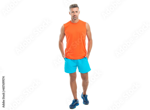 athletic sportsman in sportswear sneakers for man to do sport and fitness training in gym isolated on white studio background