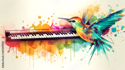 Illustration with piano keys and hummingbird bird  generative AI.